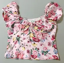 Blue Rain Pink Silk Satin Ruched Floral Flowers Short Sleeve Top Shirt Blouse Size S 🌸🎀