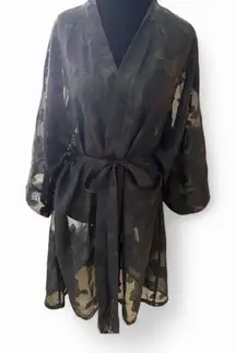 Sheer Black Floral Kimono Robe Cover‎ Up Belted One Size Women’s Elegant Short