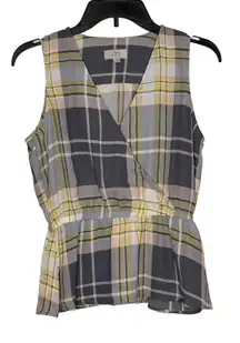 Loft Women‎ Tank Top Semi Sheer V-Neck Plaid Peplum Surplice Wrap Multicolor XS