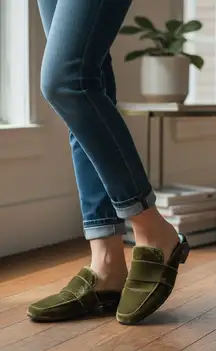 Free People Olive Green Crushed Velvet At Ease Loafers Mules Slides size 38