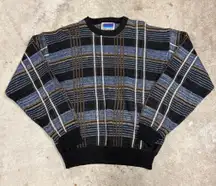 Vintage 90s Blue and Black Plaid Knit Sweater Streetwear Winter Cottage 