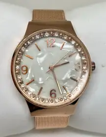 Women’s rose gold tone watch 35mm round case quartz analog mesh band running