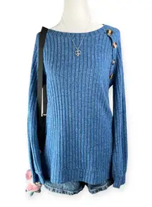 Ribbed Knit Sweater Women’s Small Blue Button Shoulder Long Sleeve Pullover Top