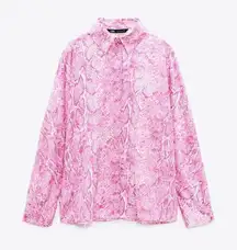 ZARA Pink Snakeskin Animal Print Womens Long sleeve Silk Blouse size XL