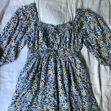 American Eagle Outfitters Puff‎ Sleeve Cinched Waist Blue Floral Mini Dress Med