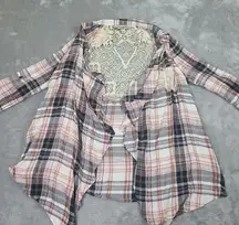 One World Womens Cardigan Medium Plaid Lace‎ Back Open Drape Front Waterfall