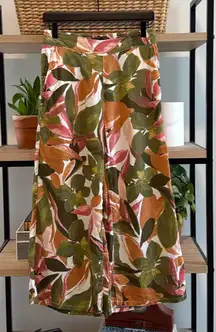 Tahari 100% Linen High-Rise Wide Leg Pull On Tropical Palm Hawaiian Crop Pant, S