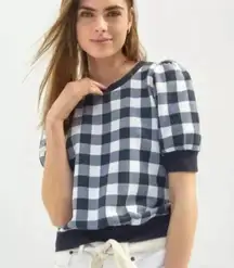 T.La Navy Blue White Plaid Puff Short Sleeve Sweatshirt Top Sz S