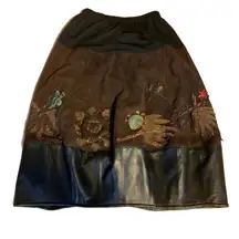 VINTAGE GROWNBEANS KAREN GRONER HAND CRAFTED BLACK & BROWN LEATHER SKIRT (L)