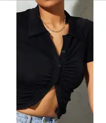 PLT | Black Acetate Slinky Ruched Front Short Sleeve Shirt