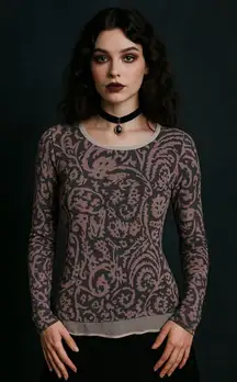 Burnout Mesh Pink Charcoal Semi-Sheer Layered Long Sleeve Top Whimsigoth Moody