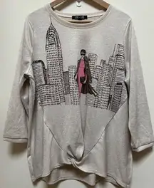 Love + Lace Gem Embellished City Landscape Chic Lady Print Knotted Top Size XL