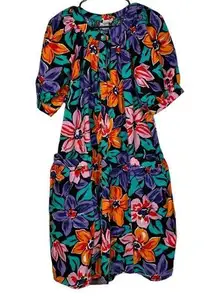 Vintage Models Coat Multicolor Floral Short Sleeve Snap Button Down Pocket Dress