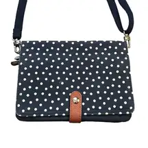 Thirty-One Double Up Crossbody Bag SMALL Navy, White Polka Dot Canvas Snap 6'X8"