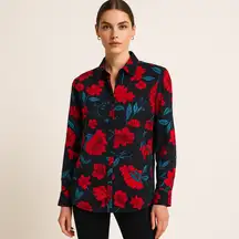 Zara Z1975 Semi-Sheer Maximalist Black Red Blue Bold Floral Blouse Size M