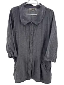 Flax Dark Gray Button Down linen Shirt lagenlook 22-24 3/4 sleeve oversized