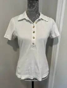 TORY BURCH Women’s Sz: M White Polo Short Shirt Top Gold Monogram Accent Buttons