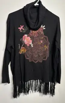 Desigual Sweater Cowl Turtleneck Fringe Hem Long Sleeve Size Medium Black Flower