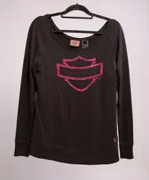 Harley Davidson Womens Long Sleeve Shirt Pink Sequin Logo Rhinestone Casual M