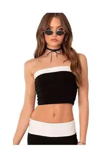 Edikted Contrast Fold Over Black Tube Top