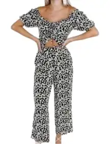 Kittenish Daisy Print Jumpsuit Sz. L Cinched Cut Out Top Off Shoulder High Waist