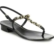 Tory Burch  Gemini Link T-Strap Sandals Black Gold Chain DetailSummer Shoes 8