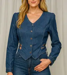 Denum Jeans Cutout Corset-Style Jacket Strappy Back Button Front Jean Top (1091)