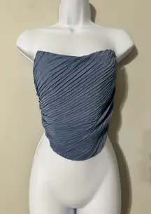 JLUXLABEL Blue Pleated Bustier Top Asymmetrical Hem Corset S Front Zip