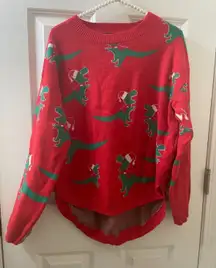 MEROKEETY T-REX DINOSAUR all over UGLY CHRISTMAS TUNIC SWEATER Women’s L