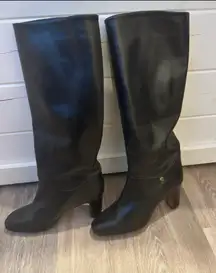 BALLY Black Leather Heeled Knee High Boots Equestrian Logo are a size 10.