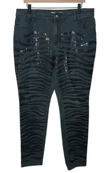 BOSTON PROPER Jeans Size 14 Blue Denim Black Sequin Animal Print Tiger Zebra