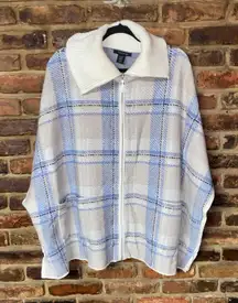 Tahari Blue Cream Plaid Oversized Full Zip Up Cape Poncho Sweater Women's L/XL