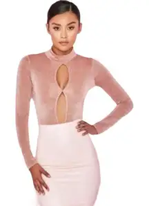 House of CB Bodysuit‎ Sz S Concha Pink Metallic Keyhole Mock Neck Long Sleeve