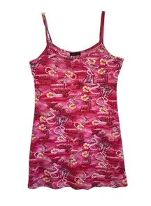 Vintage 90s Y2k 00s Pink Sleeveless Hawaiian Mini Dress Tie Back size Medium