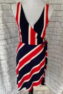 women M v-cut tank top wrap dress w/side tie red blue & white