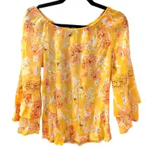 Women’s Unique Spectrum Yellow Floral Boho Peasant Top Size S