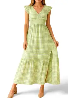 Taylor Gingham Midi Dress Pockets Ruffle Sleeve Green Size 8