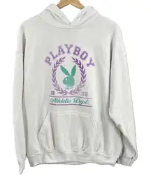 Playboy Hoodie White Logo Graphic Print Pullover Sweatshirt Womens Large
