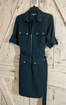 Sharagano Gorgeous Green Safari 4-Pocket Zip Belted Shirt Dress size 8 NWT