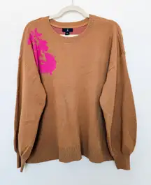 Jason Wu Womens Sweater Size M Brown Floral Crew Neck Cozy Preppy Artsy Minimal