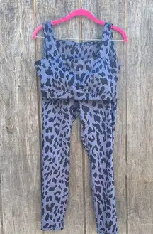 New Woman’s Size Large Black and Gray Leopard Print Leggings and Sports Bra Set