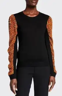Veronica Beard Adler mixed media leopard sweater Black Orange Merino Wool Small