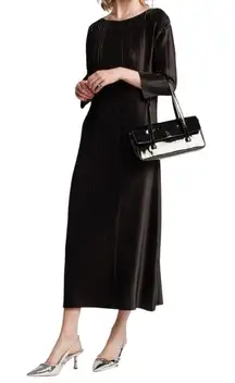 Frances Valentine Pleats Pleated Maxi Dress XS Black Slinky Satin Luxury Elegant