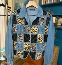 Jean leopard patchwork style button down shirt
