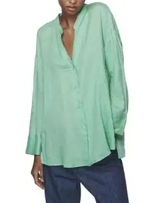 ZARA  Shirt Womens M Mint Green Linen Asymmetrical Hem Vents Relaxed Top Coastal