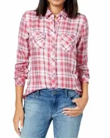 Pink Red White Plaid Button Down Womens Size XL Soft Casual