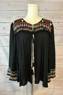 Boho Embroidered Black Fringe Tassel Cape Top Size L