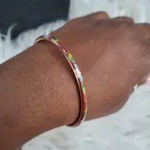 Vintage Thin Red Cloisonne Floral Slide-On Bangle Bracelet