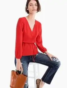 J.Crew  red crepe faux wrap long sleeves blouse size 10 romantic date night