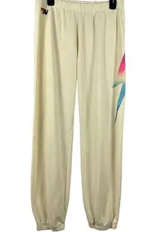 Aviator Nation Rainbow Lightning Bolt Sweatpants Joggers Cream Vintage White XL